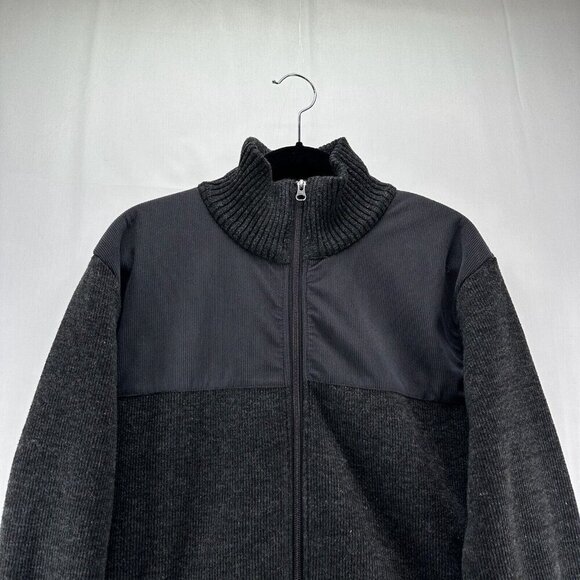 Izod Sweater Men Sz L Full Zip Fleece Plaid Lined Mock Neck Long Sleeve Charcoal - Picture 4 of 12